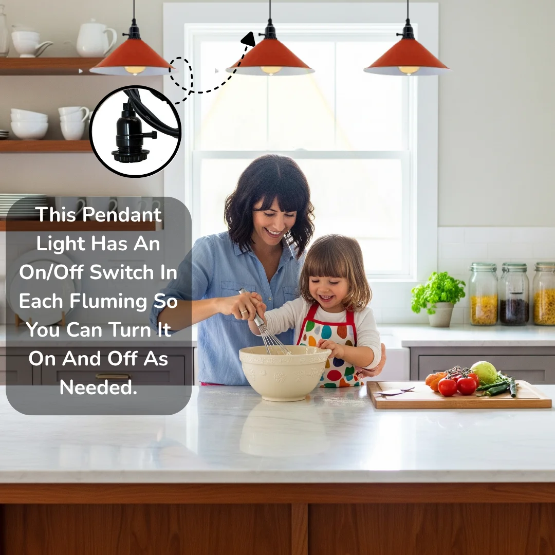 Three metal cone shades on adjustable height pendant lamp with 95cm PVC cables and fluming switch above kitchen island