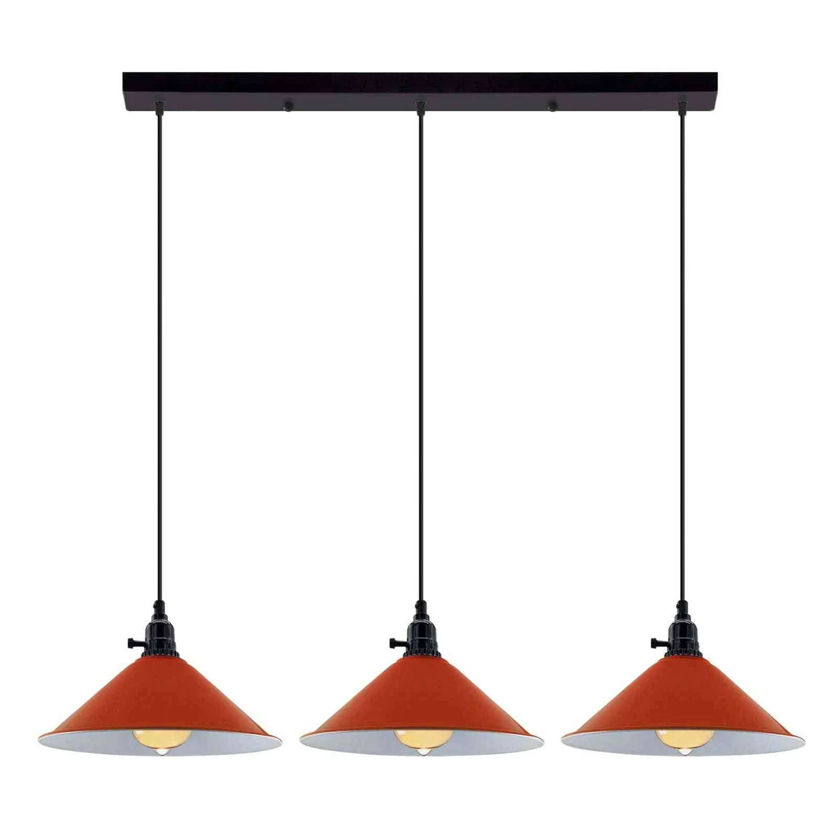 Three metal cone shades pendant light with fluming switch hanging on adjustable PVC cables, indoor hardwired ceiling light