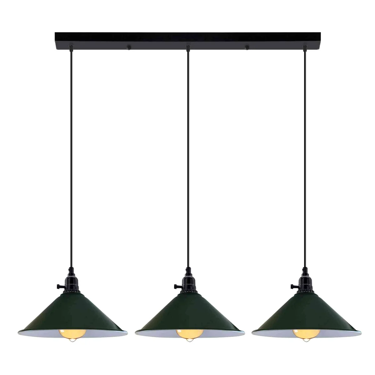 3 light pendant ceiling light with three metal cone shades hanging from adjustable PVC cables over kitchen island