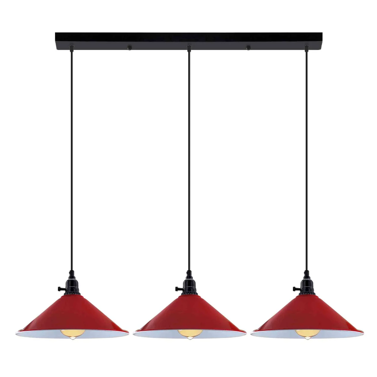 Modern 3 light pendant ceiling light with three metal cone shades and adjustable PVC cables hanging over kitchen island