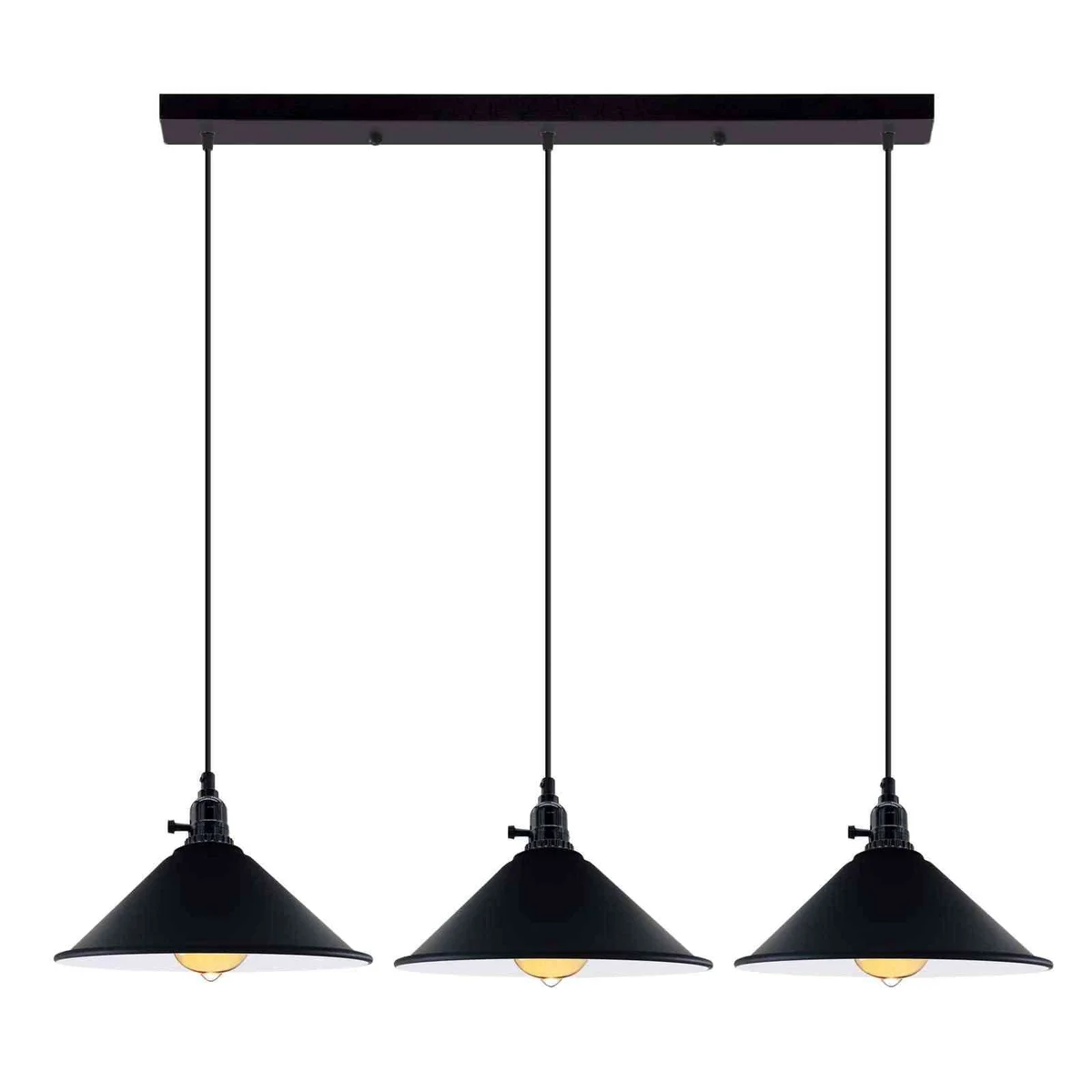 Modern 3 light pendant ceiling light with three metal cone shades and adjustable PVC cables hanging over kitchen island