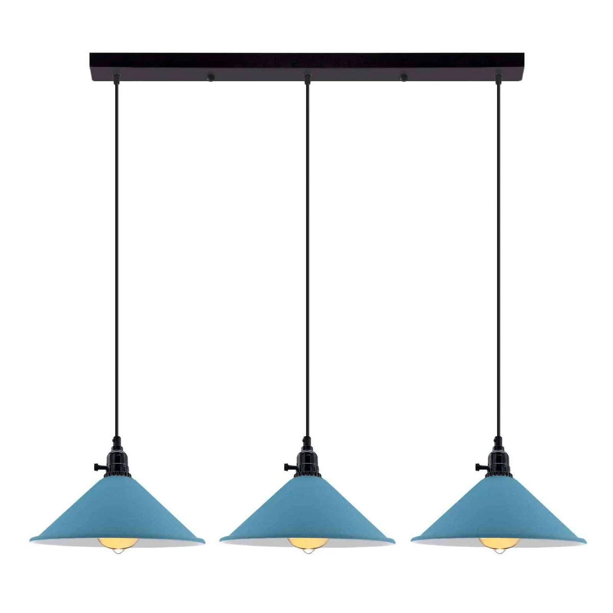 Modern 3 light pendant ceiling light with three metal cone shades and adjustable PVC cables hanging over kitchen island