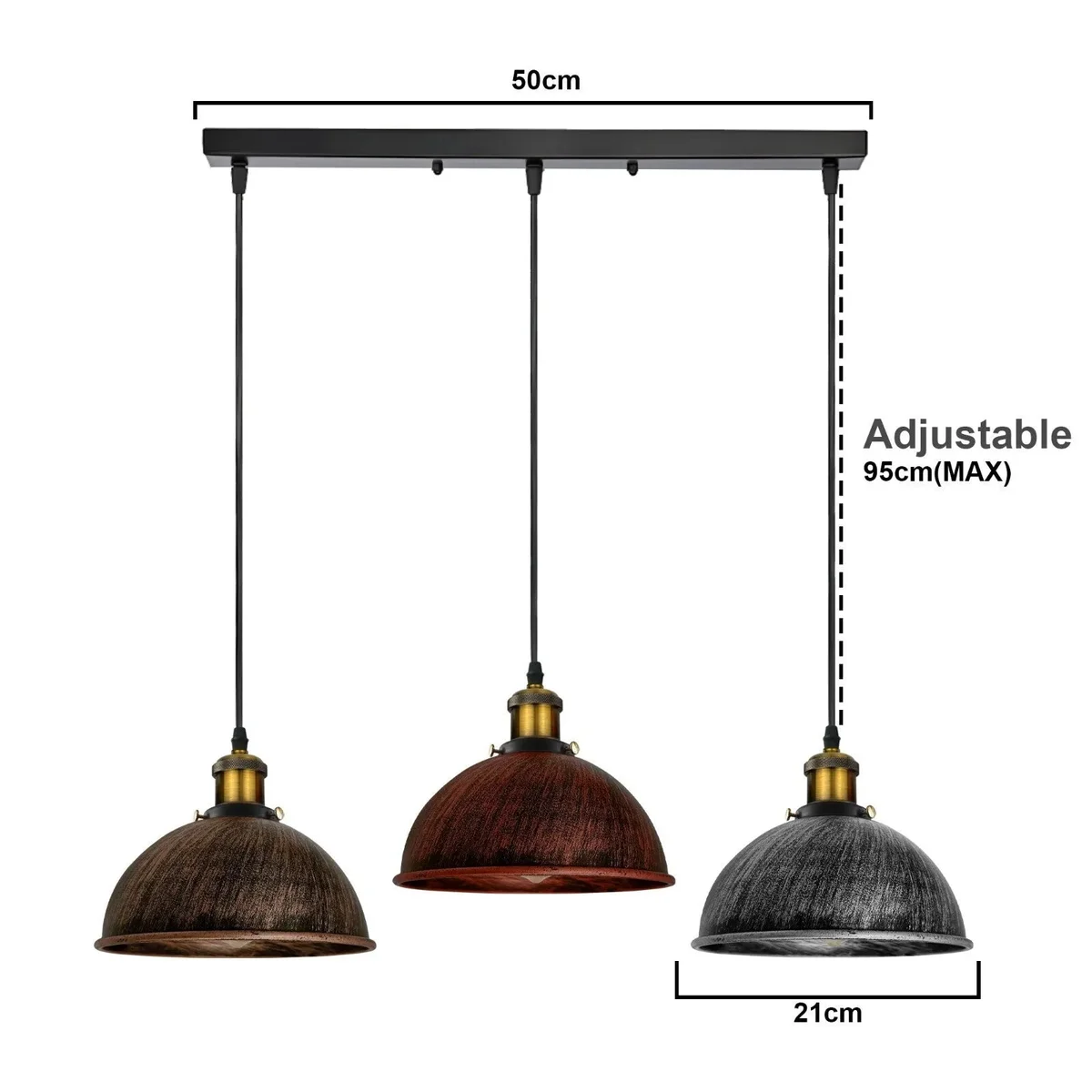 Three vintage metal pendant lights with adjustable shades in rustic red, brushed copper, and brushed brass finishes