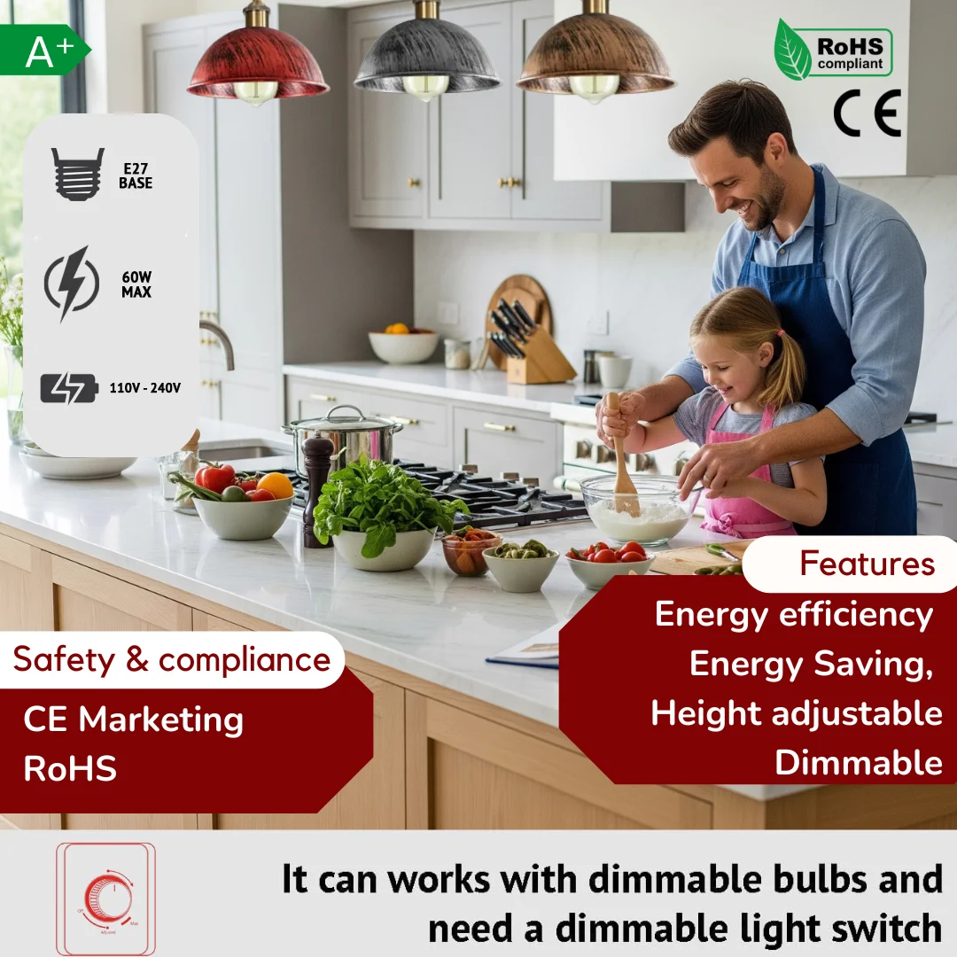 3 light ceiling lamp with adjustable rustic red metal shades and 95 cm cables for slanted ceilings above kitchen island