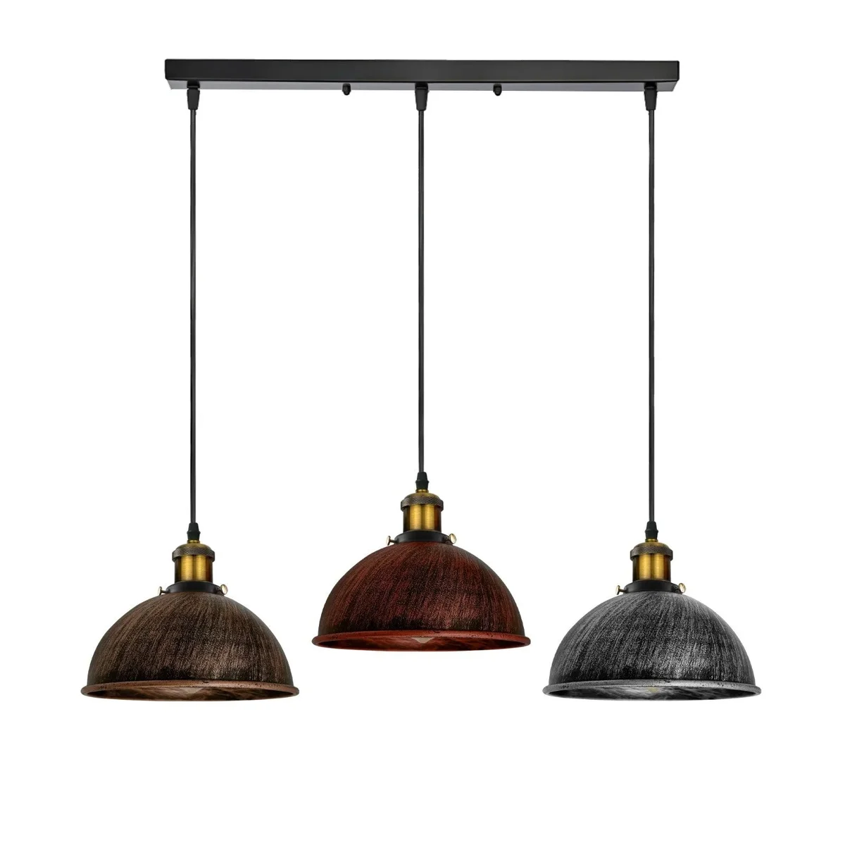Three-light rustic ceiling light with adjustable metal shades in brushed copper, hanging from 95 cm cables