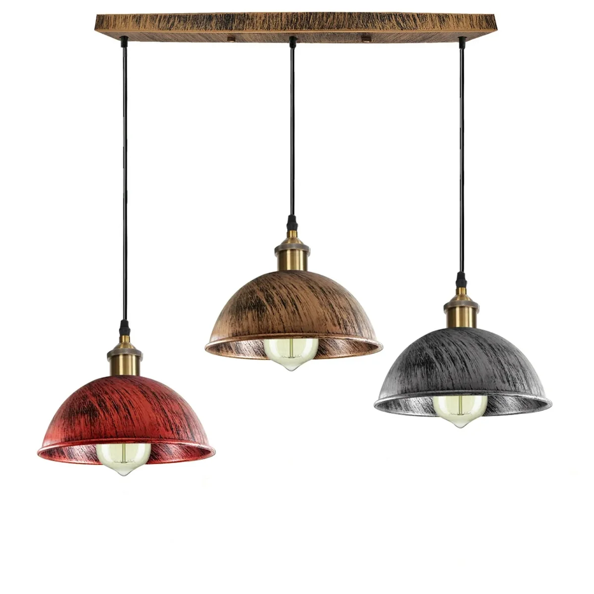 Three vintage metal pendant lights with adjustable shades and E27 lamp holders hanging from 95 cm cables