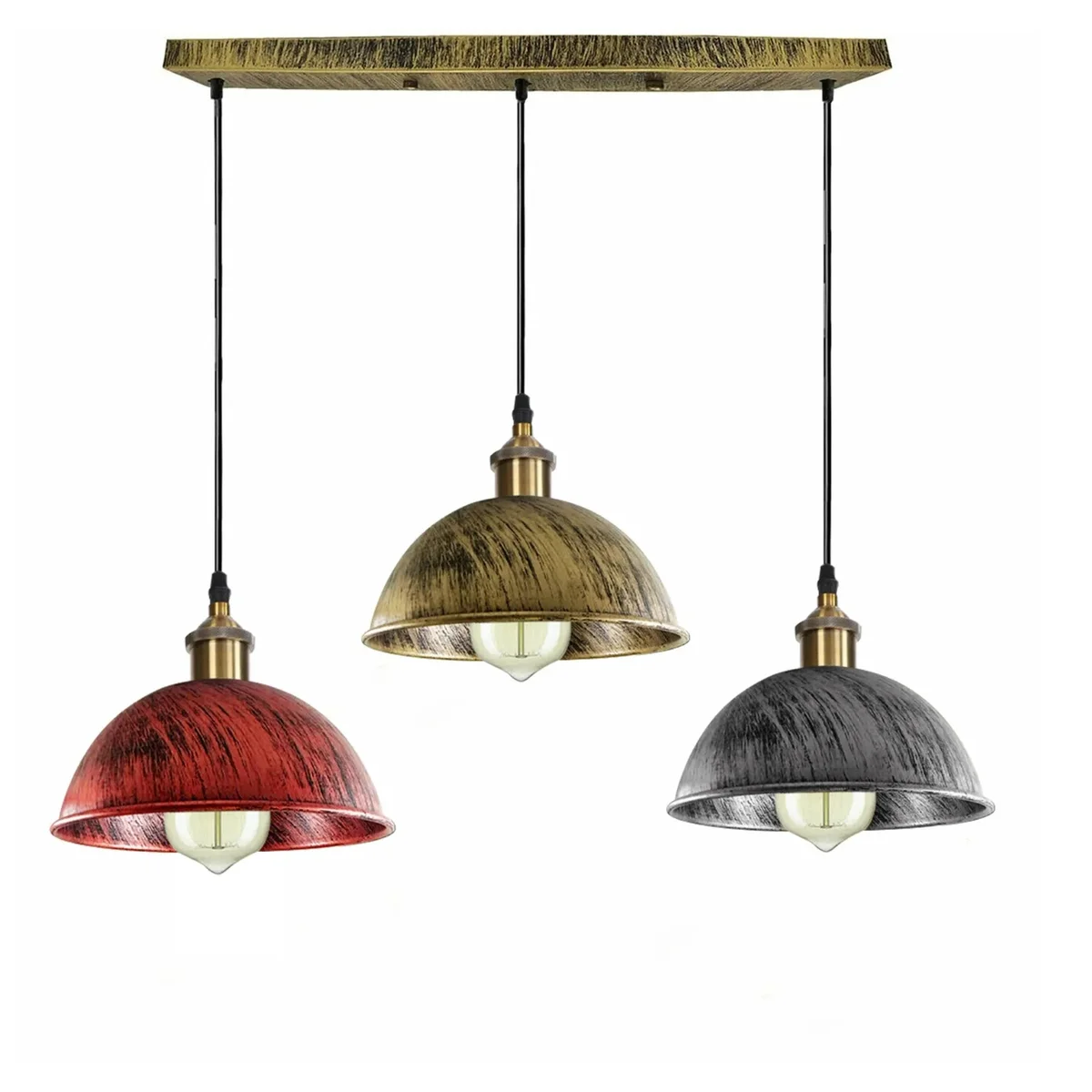 E27 pendant light with three adjustable vintage metal shades in rustic red, brushed copper, and brass finishes hanging from cables