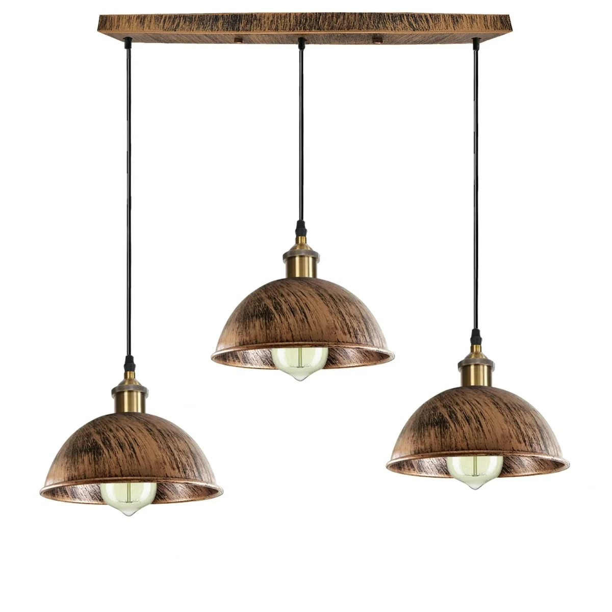 E27 pendant light with three adjustable vintage metal shades in rustic red, brushed copper, and brushed brass finish hanging from ceiling