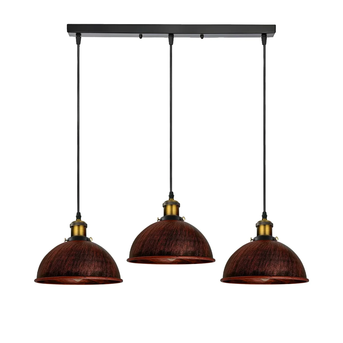 Three vintage metal E27 pendant lights with adjustable shades in rustic red, brushed copper, and brass finishes hanging