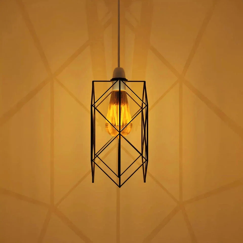 Black metal industrial lampshade with diamond wire cage design and brushed finish for easy fit pendant lighting