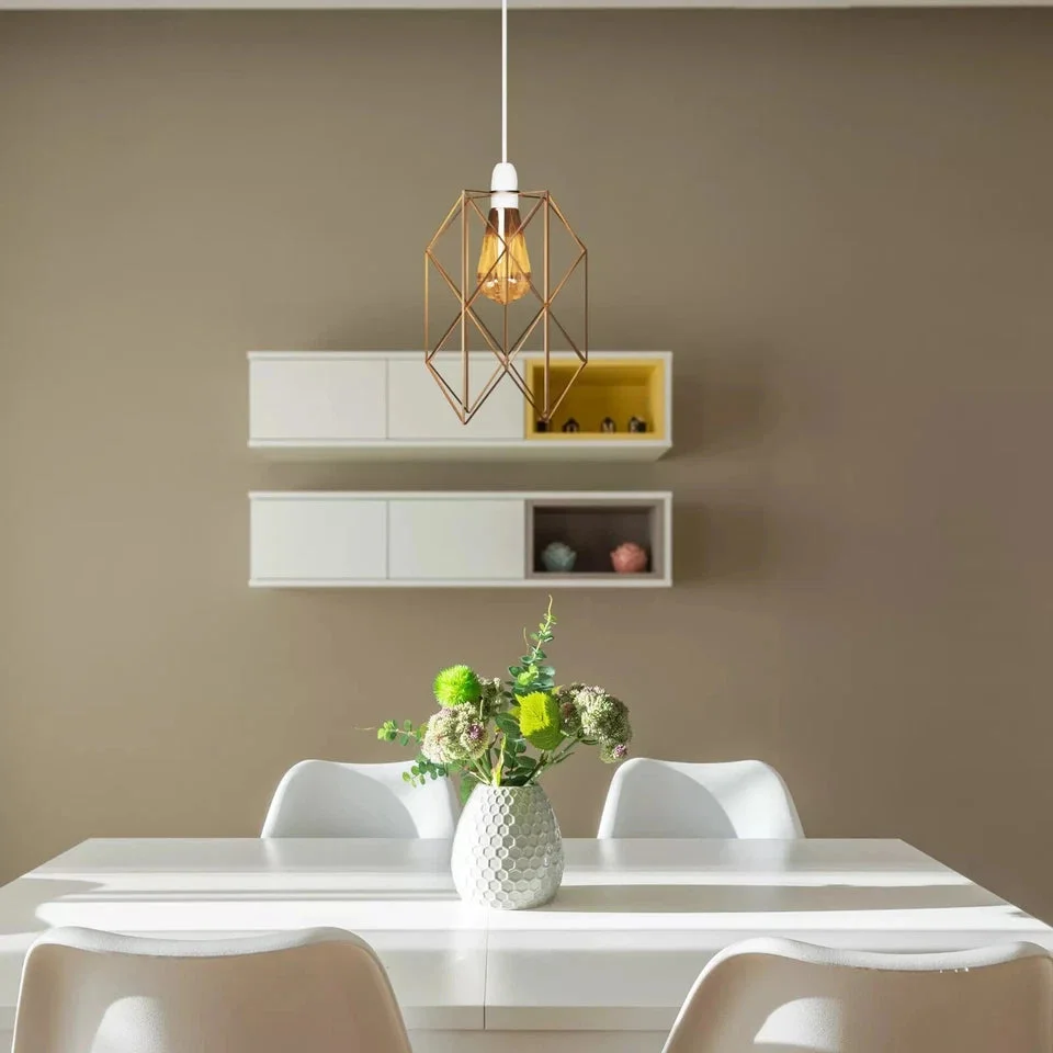 Industrial black metal wire cage lamp with diamond design and brushed finish, easy fit for pendant lighting fixtures