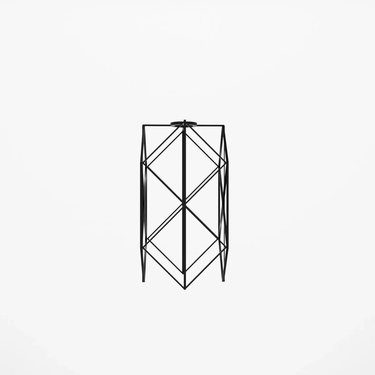Black metal industrial lampshade with diamond wire cage design and brushed finish, suitable for pendant lighting.