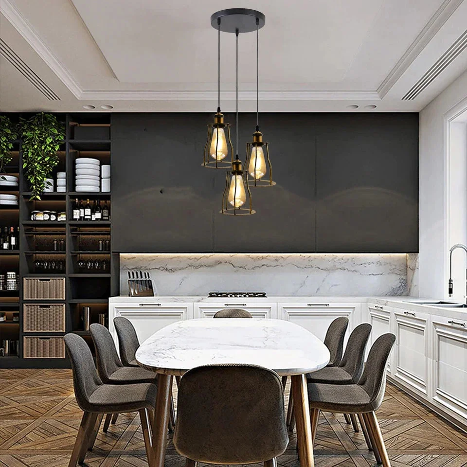 Black vintage industrial ceiling pendant light with wire cage and 95cm PVC cable hanging from ceiling plate