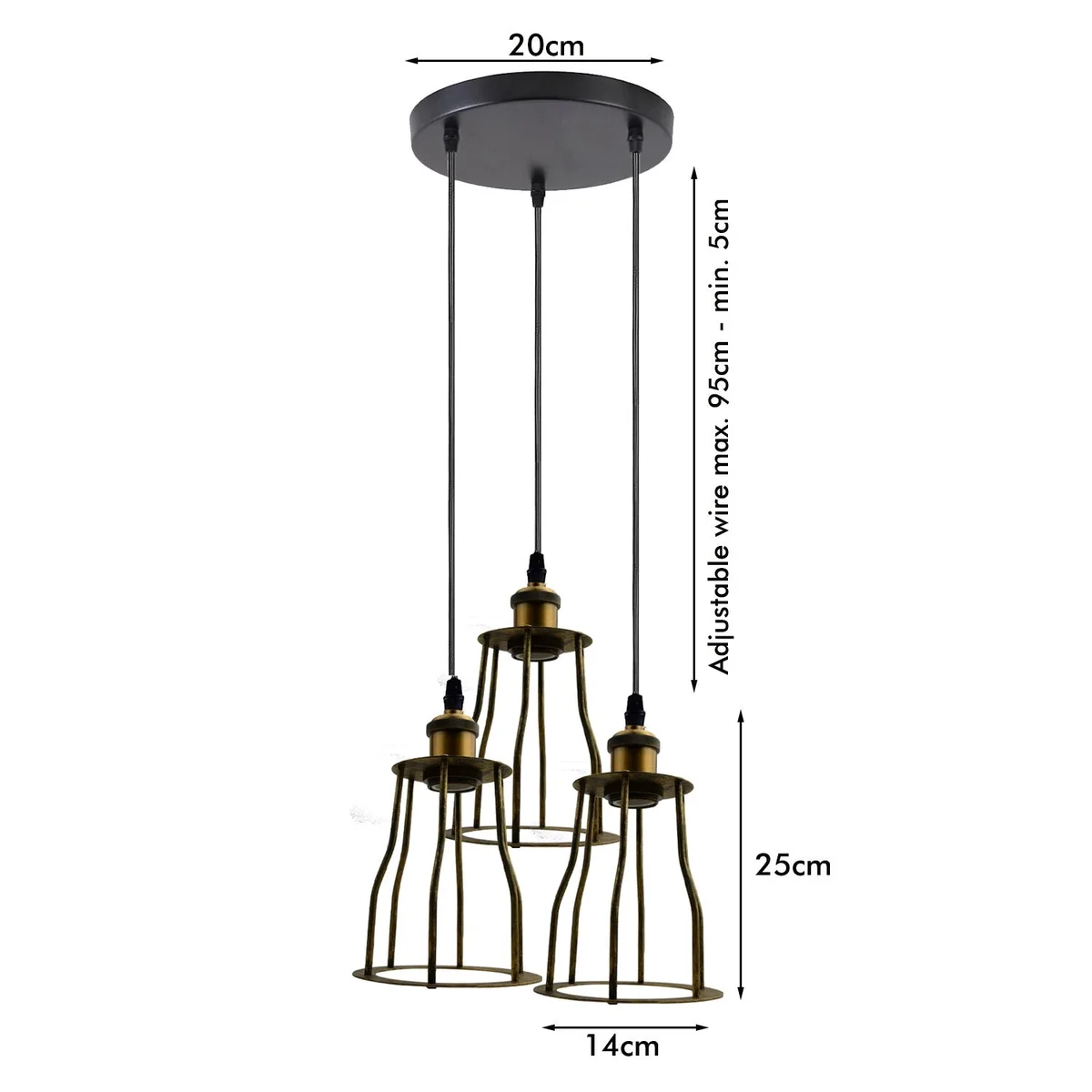 Black vintage industrial wire cage pendant light with E27 bulb holder and 95cm PVC cable hanging from ceiling
