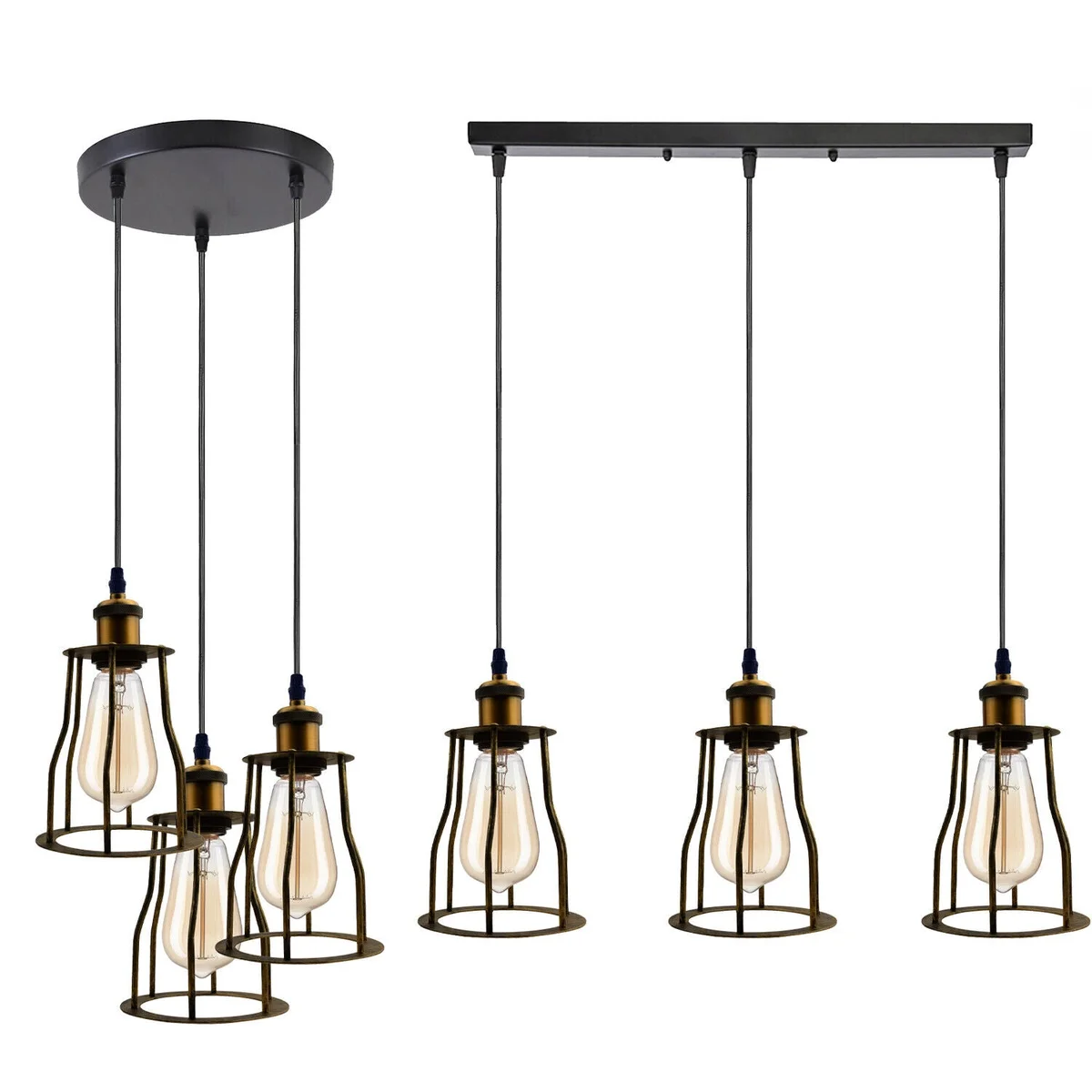 Black metal pendant light with wire cage design and 95cm PVC cable hanging from ceiling fitting