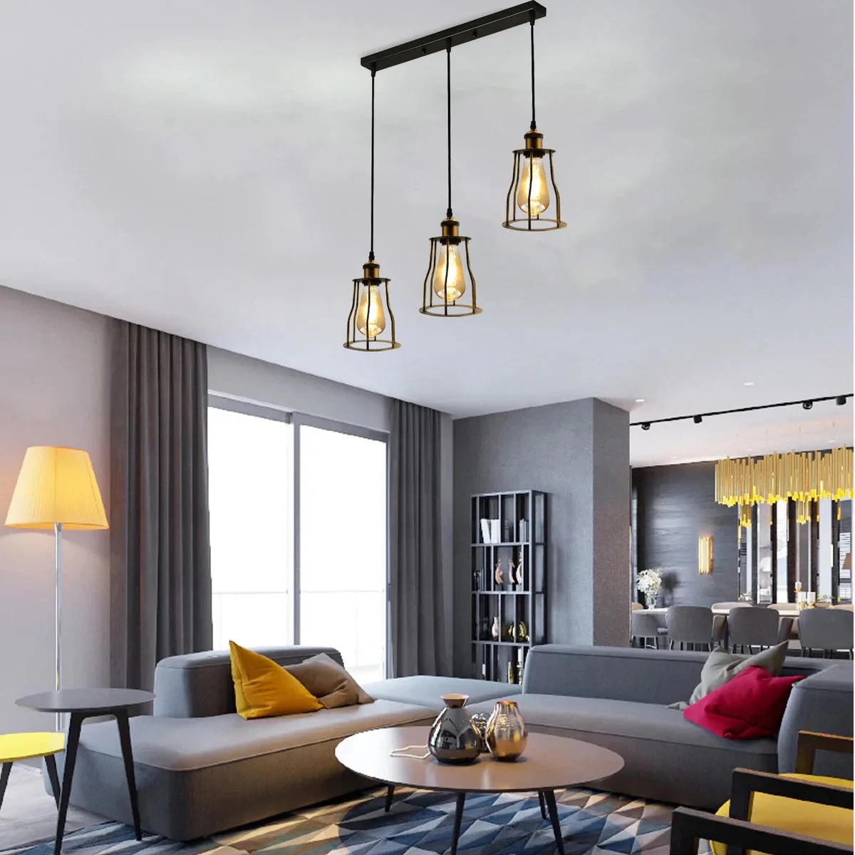 Black vintage industrial E27 ceiling light with metal wire cage and 95cm PVC cable hanging from ceiling plate