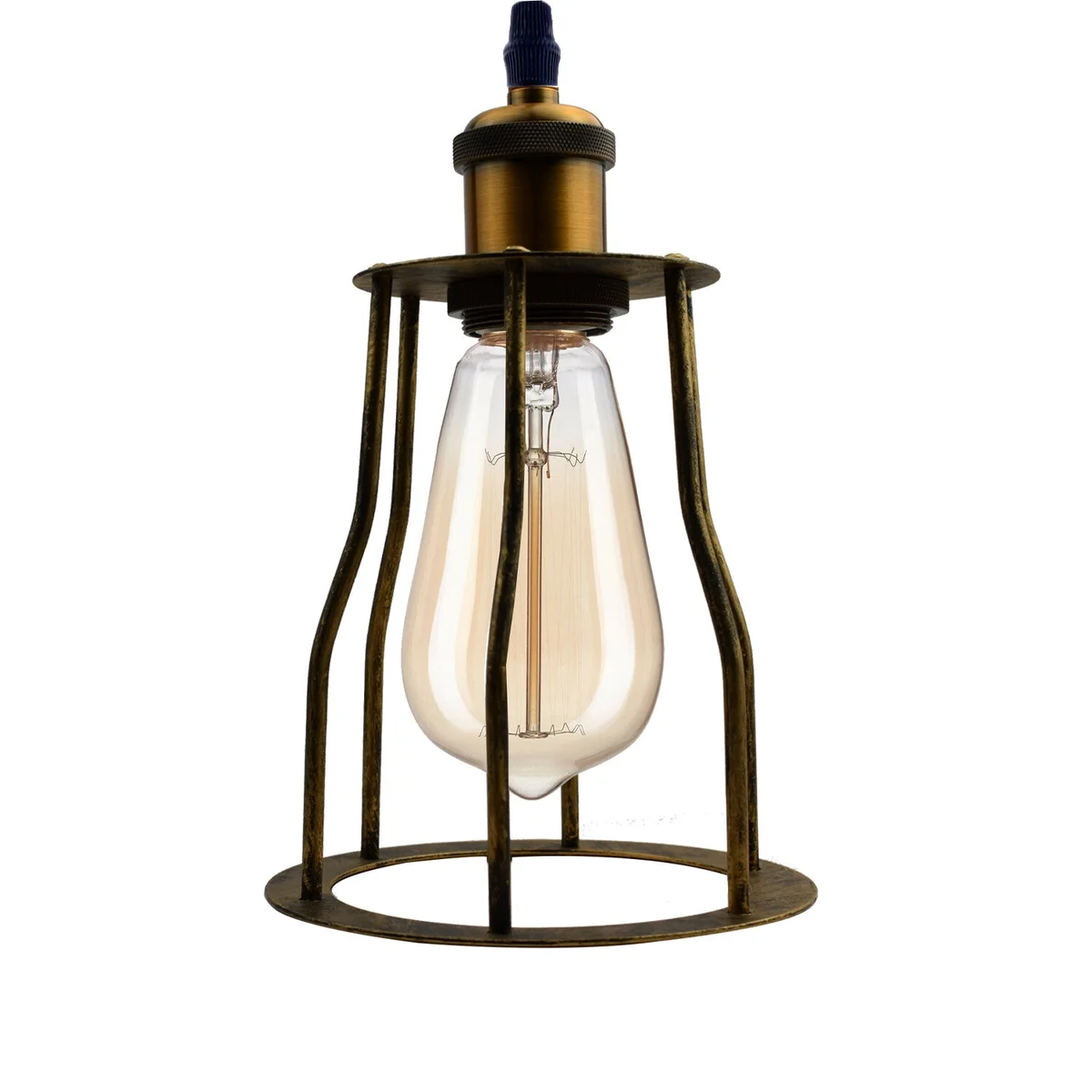 Black vintage industrial ceiling pendant light with wire cage and 95cm PVC cable hanging from ceiling plate