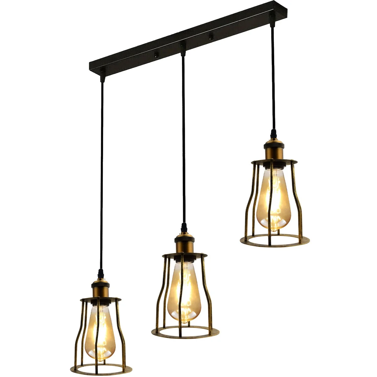 Black vintage industrial ceiling pendant light with wire cage and 95cm PVC cable hanging from ceiling plate