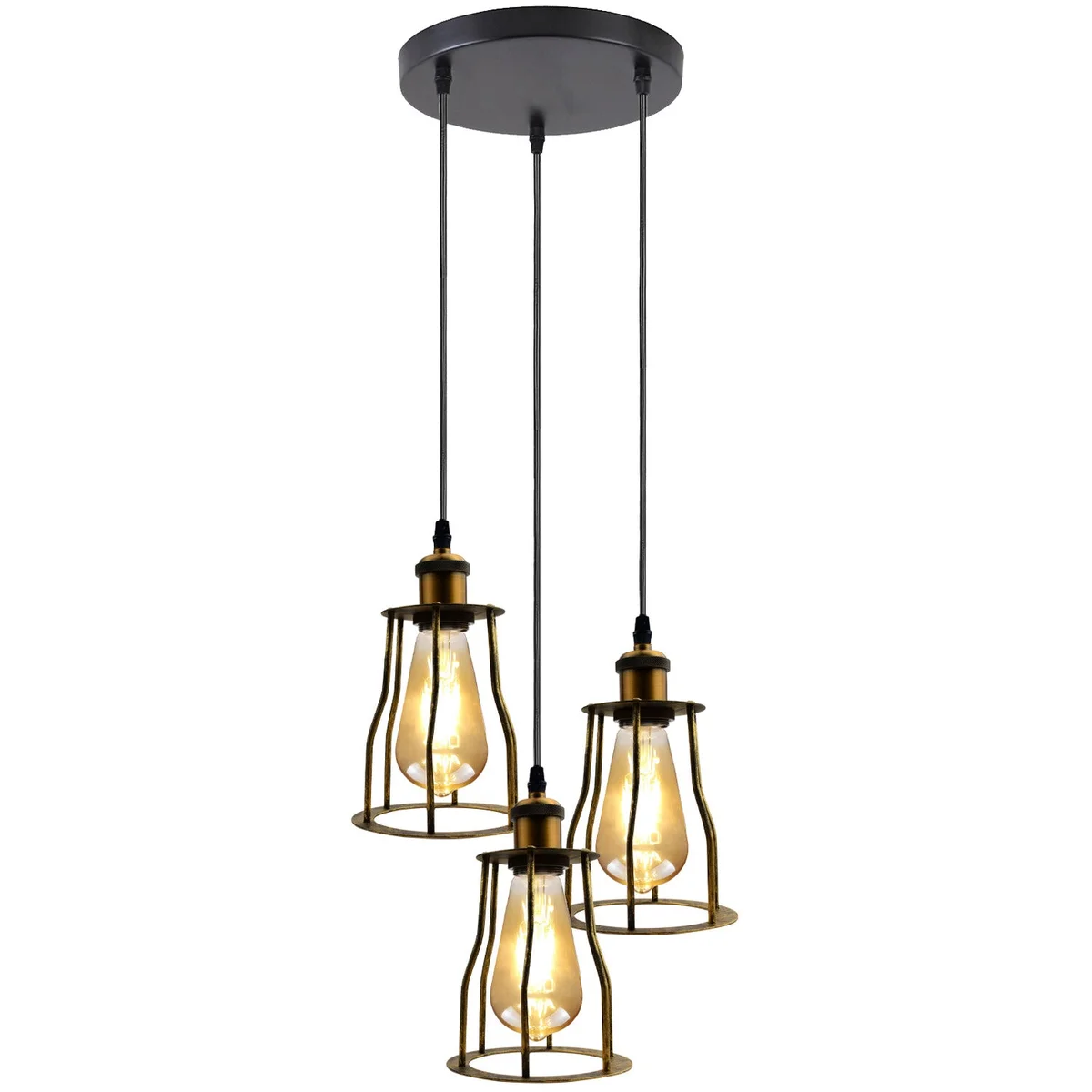 Black vintage industrial ceiling pendant light with wire cage and 95cm PVC cable hanging from ceiling plate