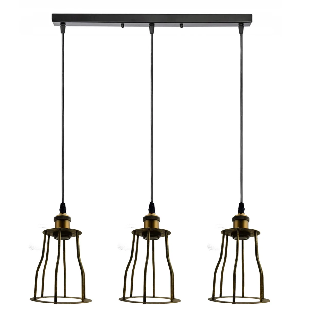 Black vintage industrial ceiling pendant light with wire cage and 95cm PVC cable hanging from ceiling plate