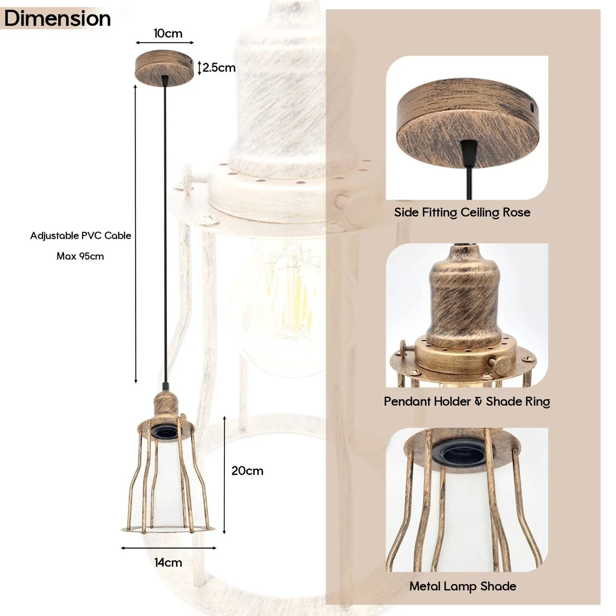 Three industrial style pendant lights with open mug-shaped metal cages hanging from a rectangular ceiling plate