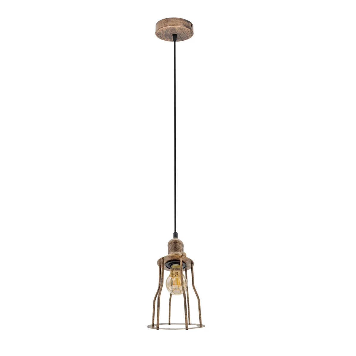 Three outlet pendant lamp with three open mug-shaped wire cages and rectangular ceiling plate in vintage industrial style