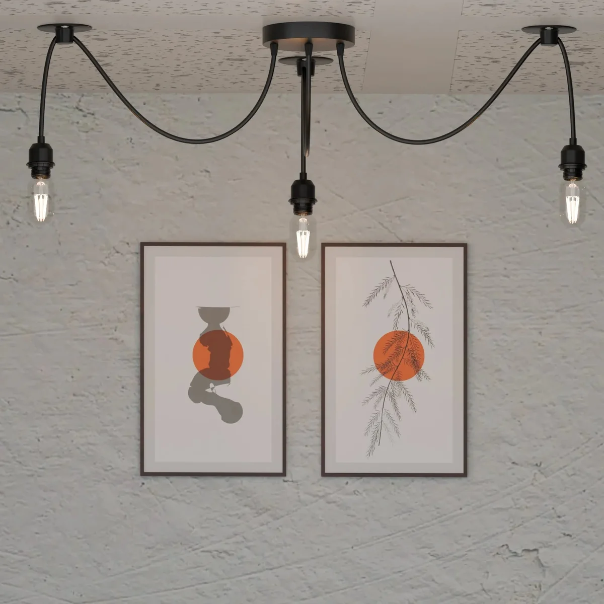 Adjustable spider pendant light with five black metal arms and E27 bulb holders hanging from a large ceiling rose