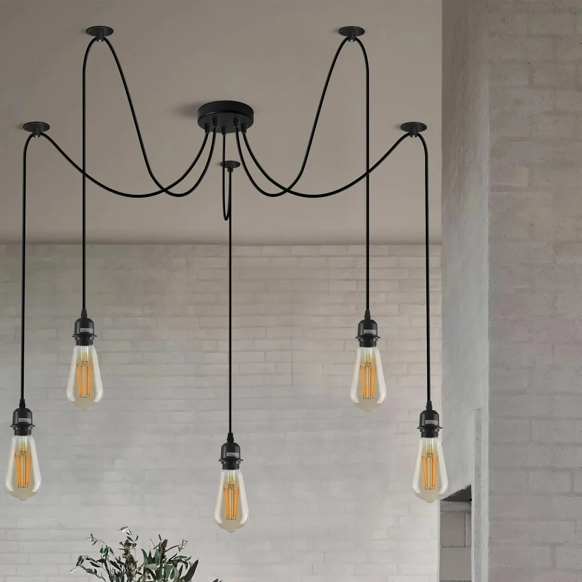 Adjustable vintage industrial pendant light with multiple black metal arms and E27 bulb holders hanging from ceiling rose