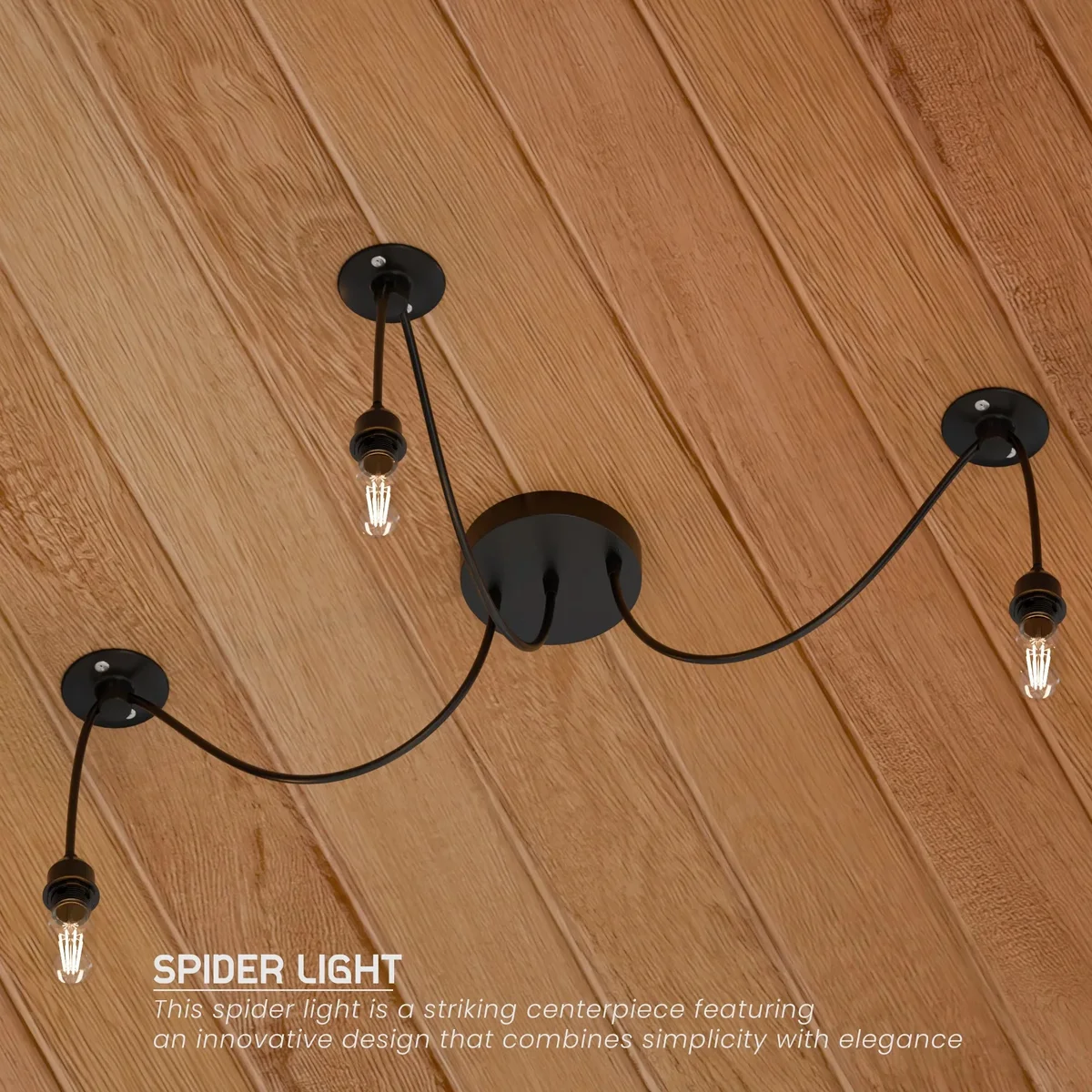 Adjustable vintage multi-head ceiling fixture with five black cables and metal light holders, ideal for industrial interiors