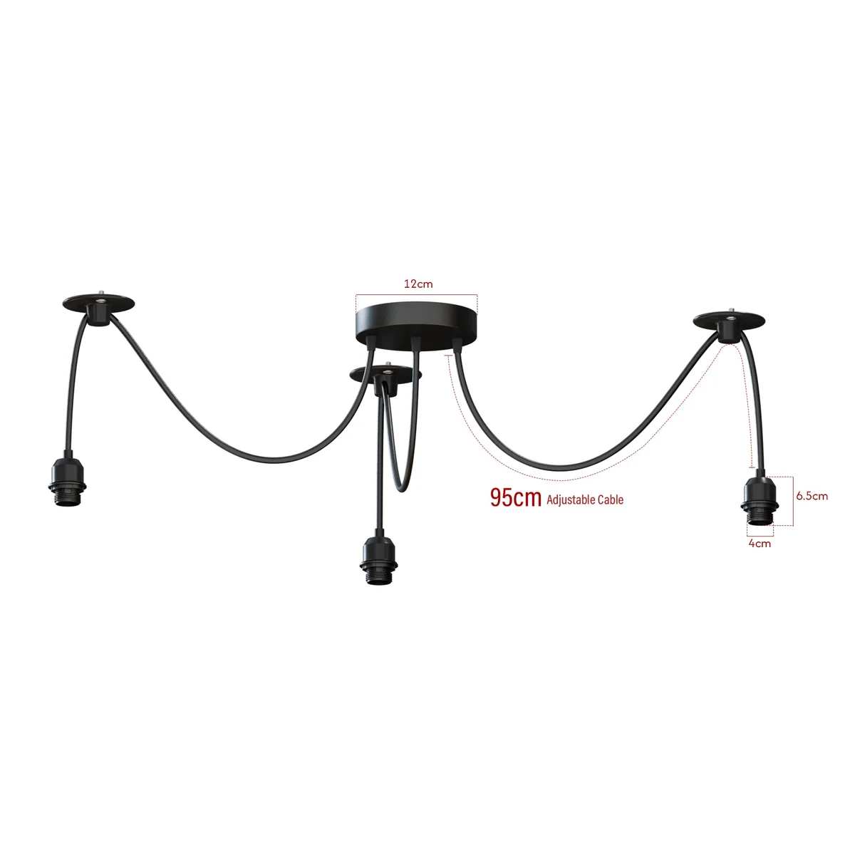 Adjustable vintage spider pendant light with five arms and E27 bulb holders, black cables and metal ceiling rose