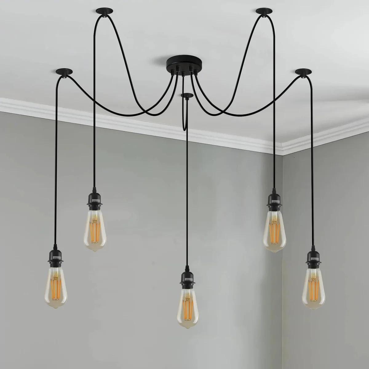 Adjustable 5-arm vintage industrial hardwired ceiling light with black cables and metal ceiling rose mounted on white ceiling