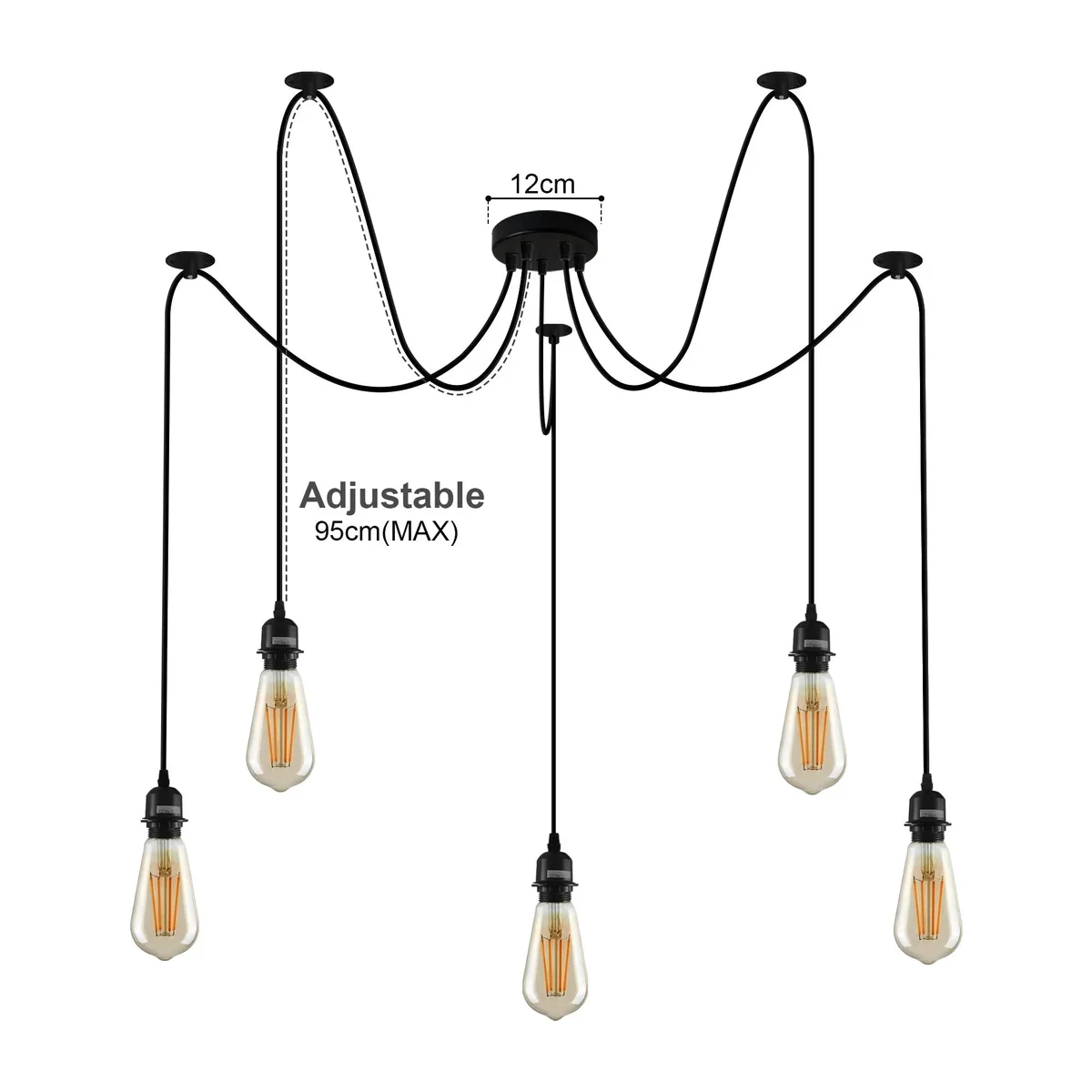 Adjustable vintage metal pendant lighting with five black arms and E27 bulb holders on a large ceiling rose