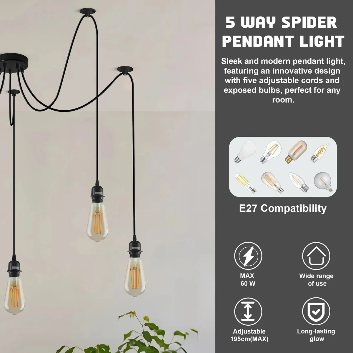 Adjustable spider pendant light with five metal arms and black cables, showcasing industrial vintage ceiling fixture design