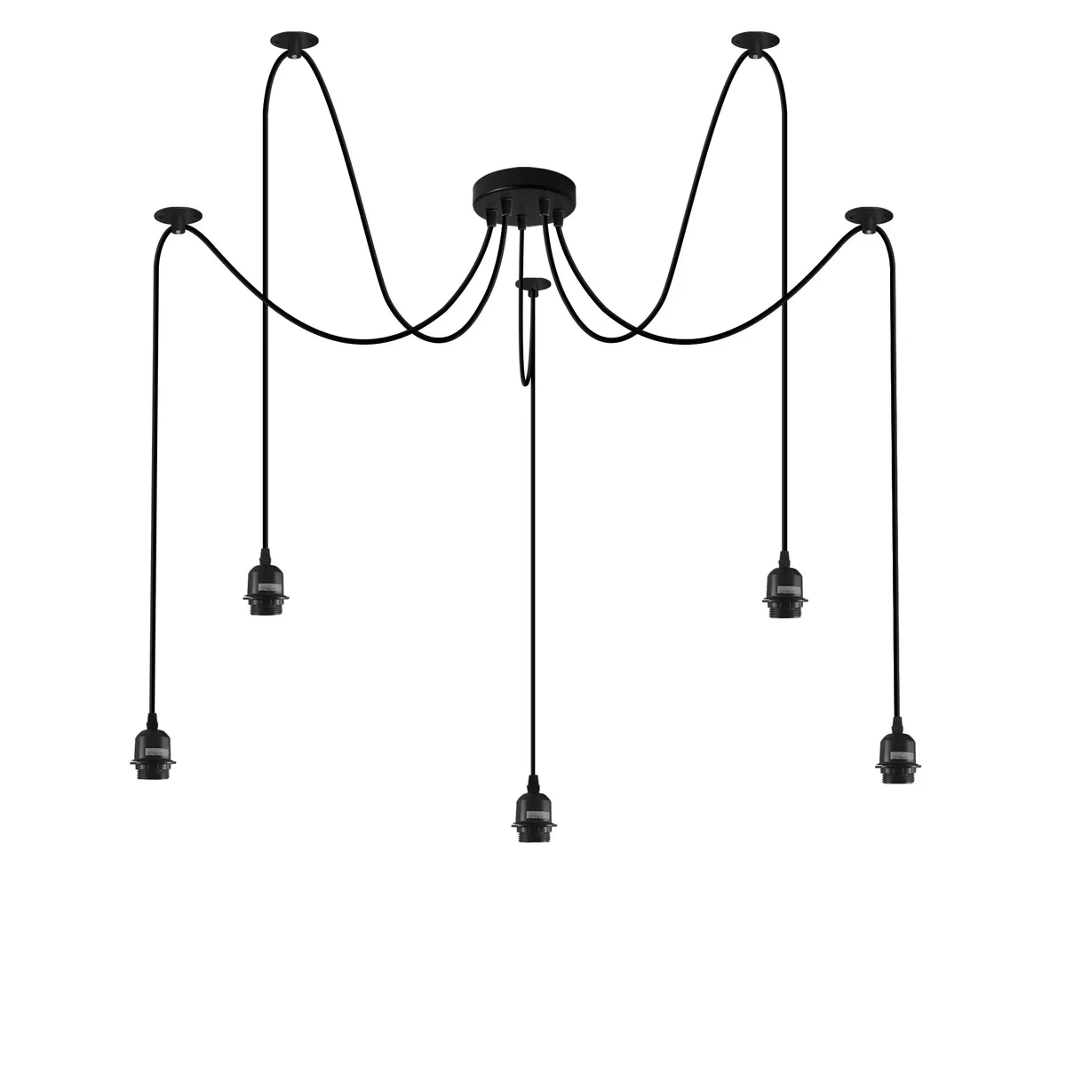 Adjustable spider pendant light with five black metal arms and E27 bulb holders, shown mounted on a ceiling in vintage style