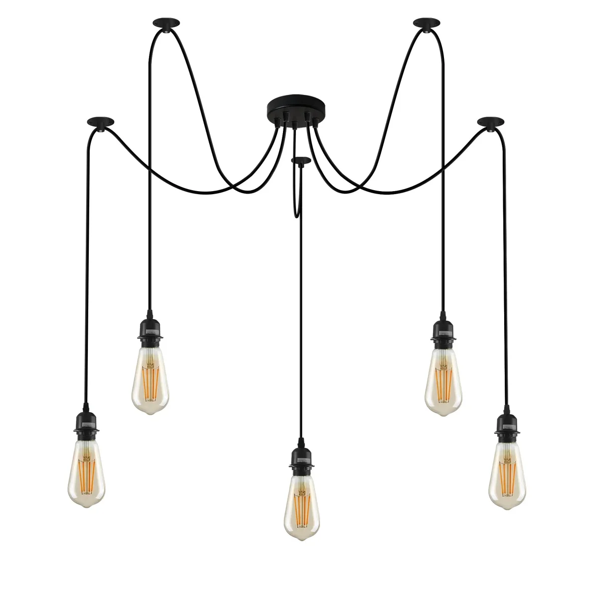 Adjustable spider pendant light with five black metal arms and E27 bulb holders hanging from ceiling rose