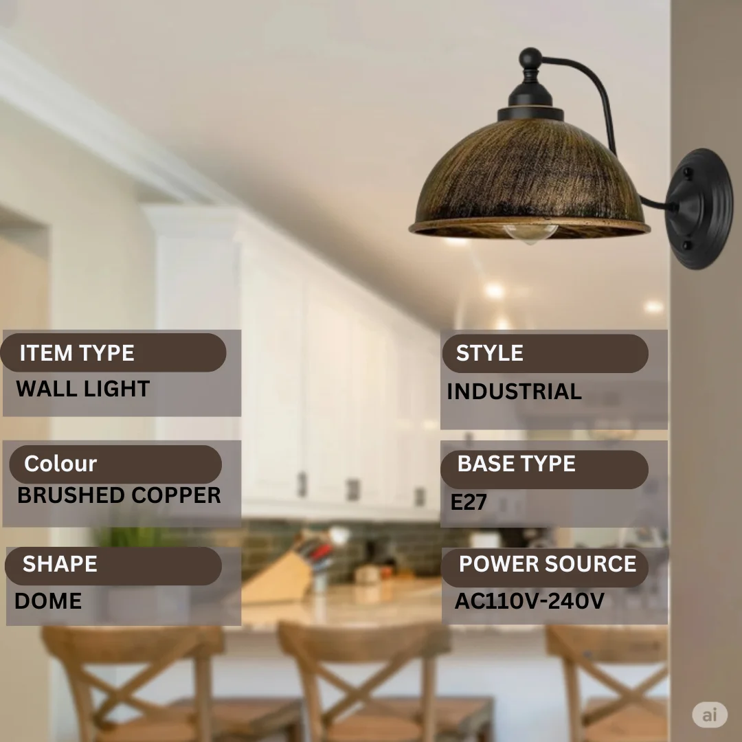 Brushed copper wall light with dome shade and swan neck arm, industrial vintage style indoor wall sconce