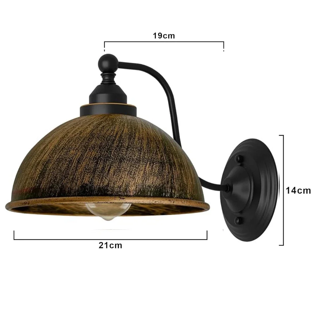 Brushed copper dome indoor wall sconce with swan neck arm and antique finish, mounted on white wall background