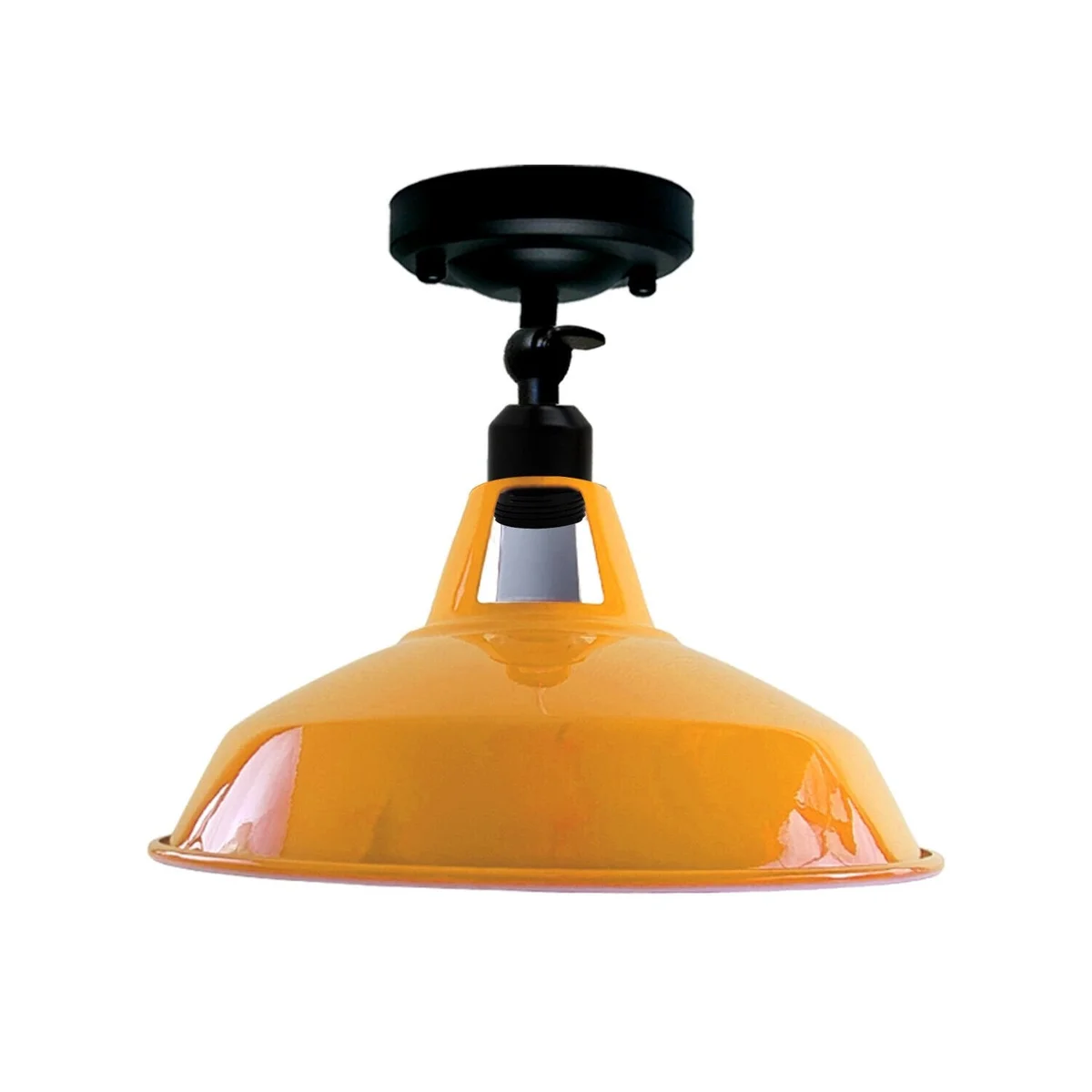 Retro style metal ceiling light with brushed finish and angled white interior shade for sloped ceilings, semi flush mount design