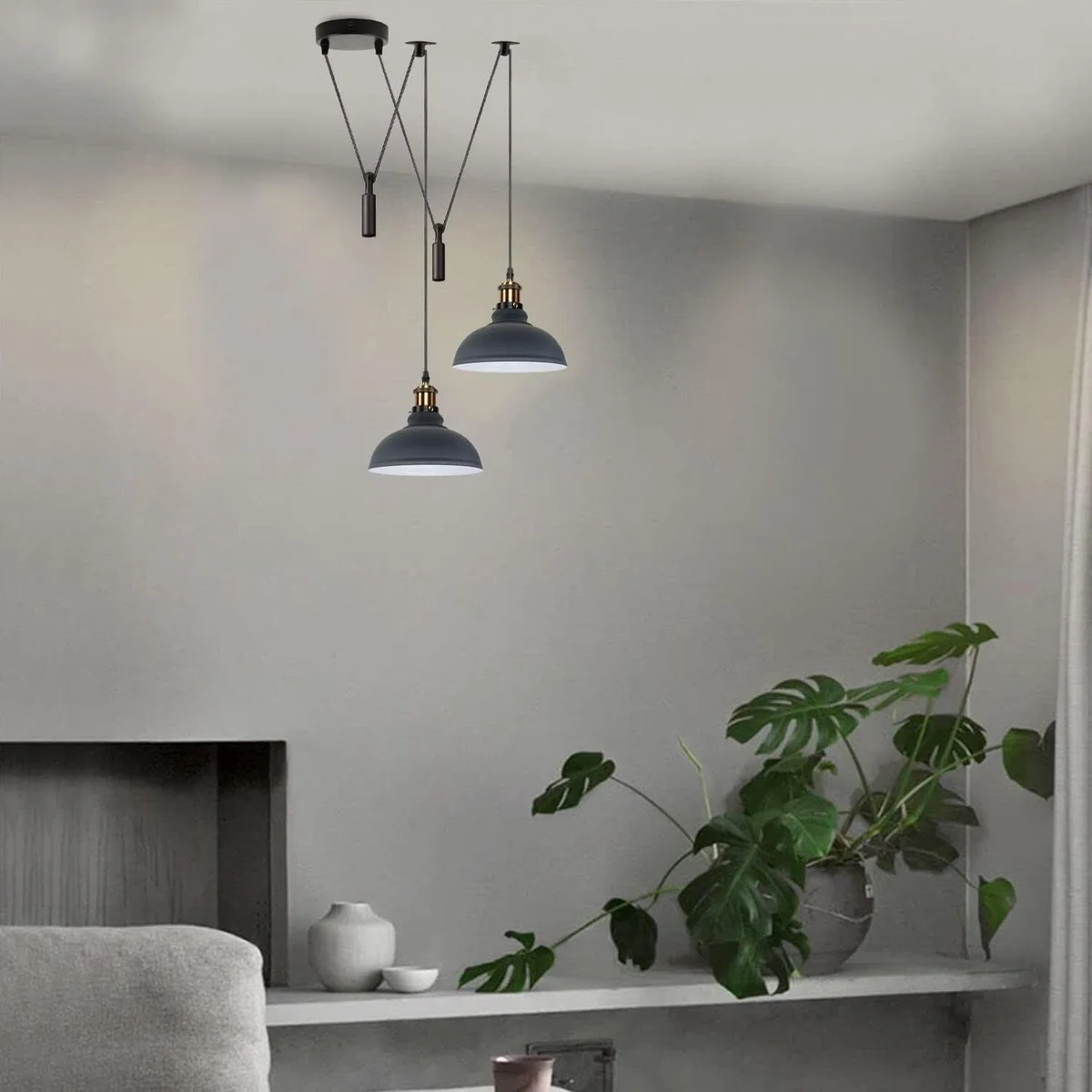 2 head ceiling pendant light with two adjustable metal shades in industrial retro style hanging from ceiling