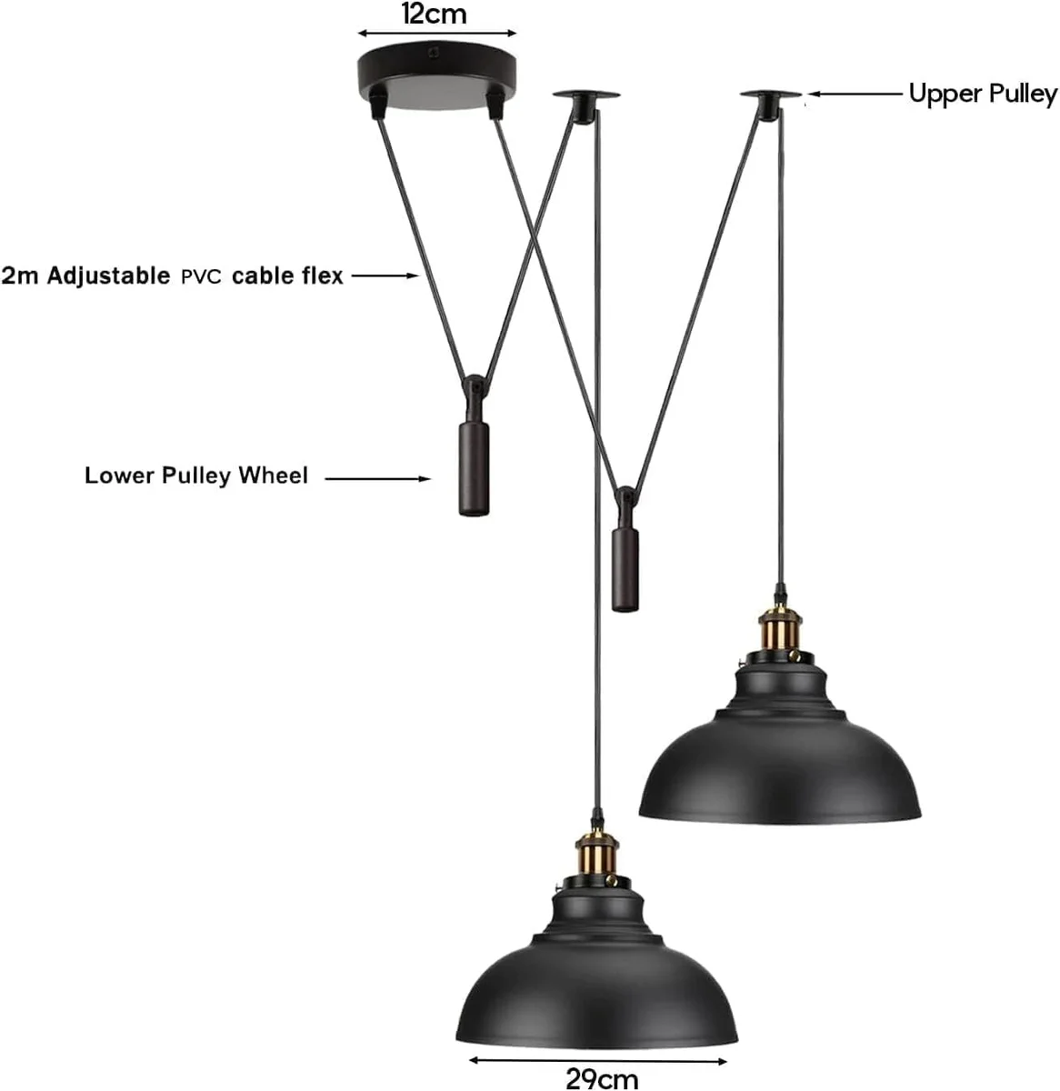 2 head industrial pendant light with metal spider design, adjustable cord, and matte black finish hanging from ceiling