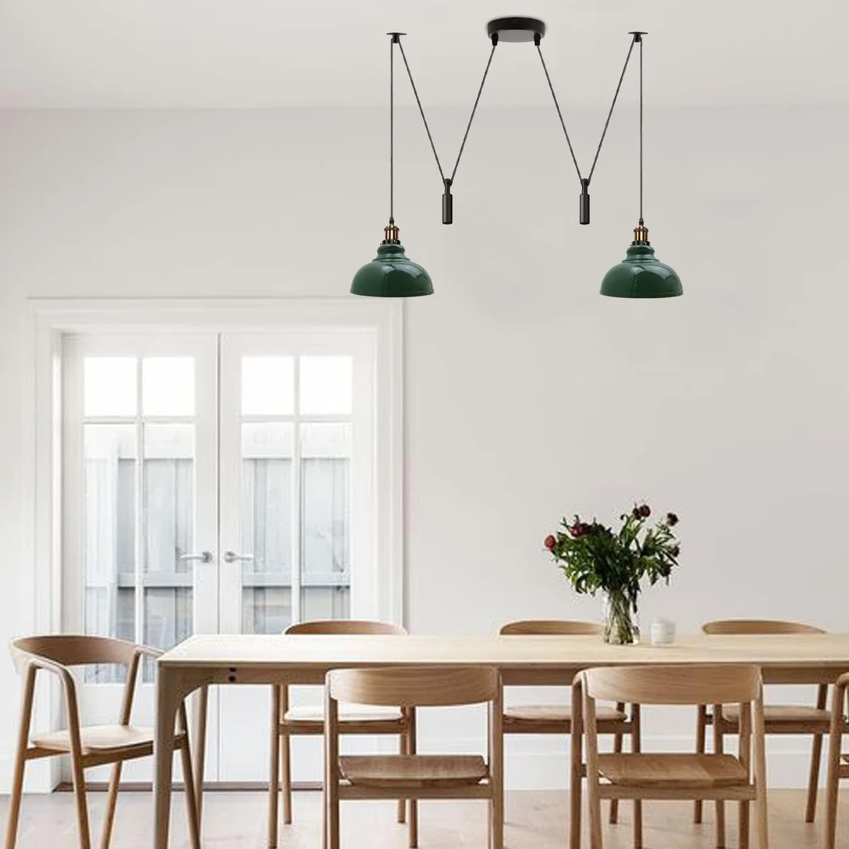 Two-head metal hanging light pendant with adjustable cords and industrial retro design in black metal finish