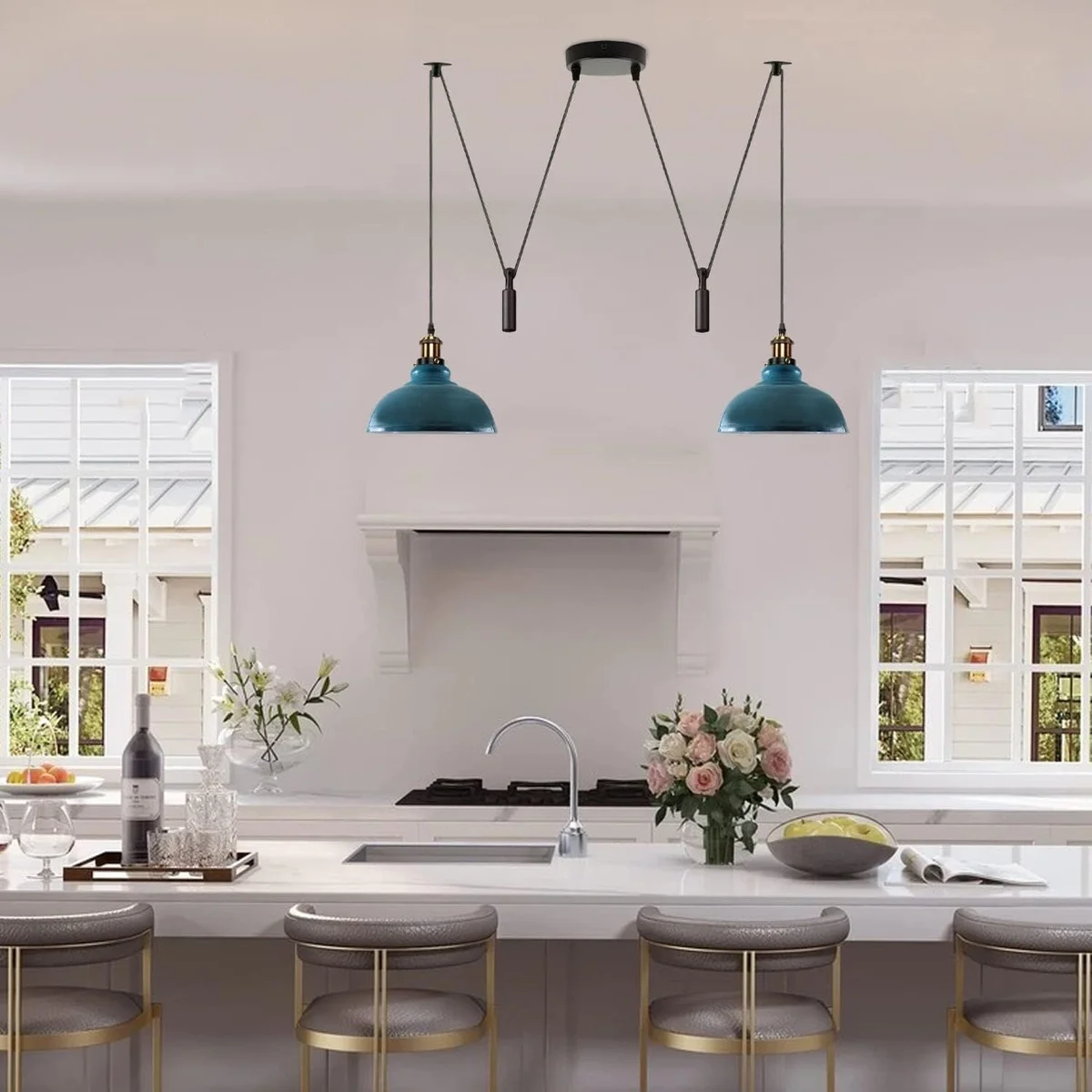 2 Head ceiling pendant light with adjustable metal arms, black finish, showcasing dimmable E27 pendant bulbs installed