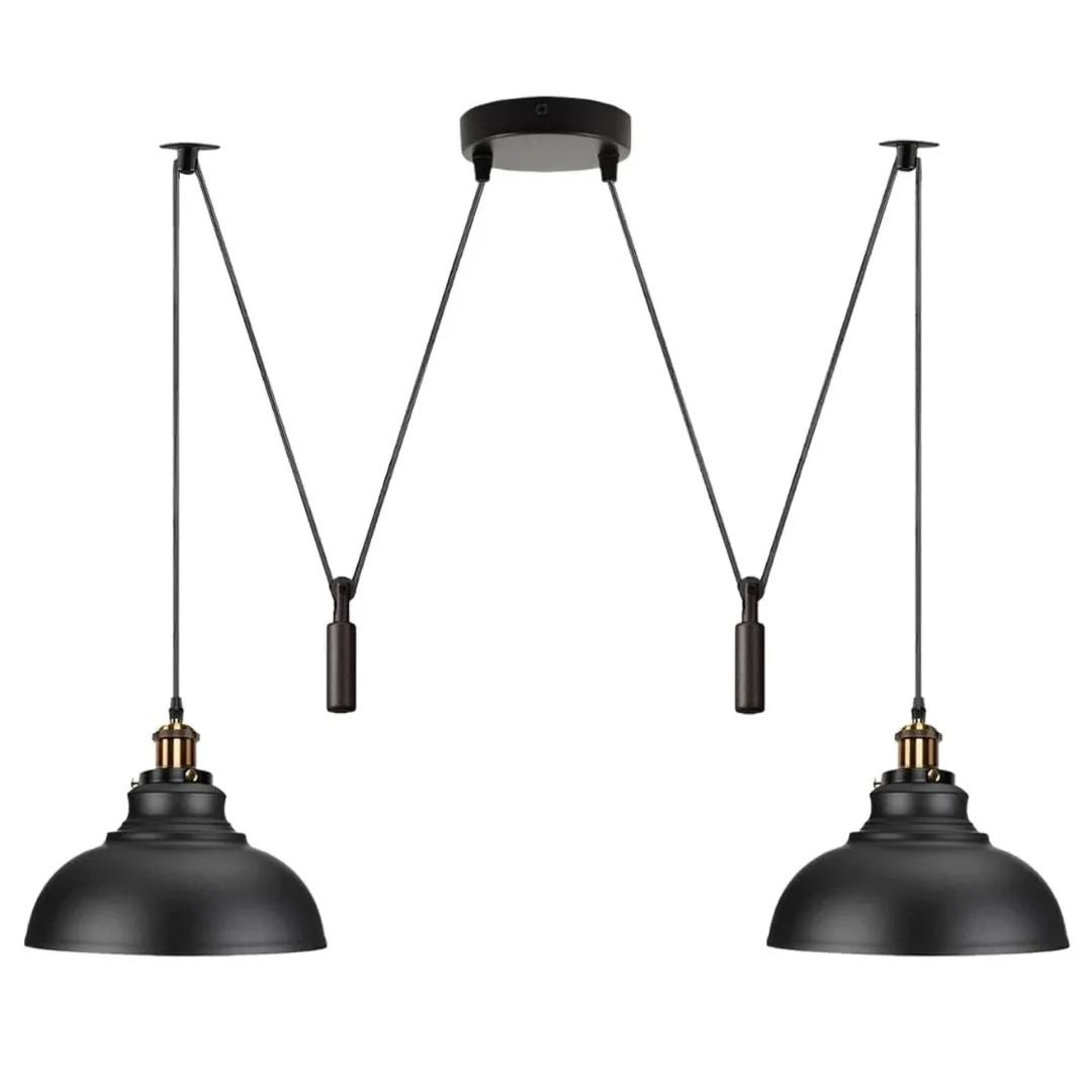 2 head ceiling pendant light with two adjustable metal shades hanging from a black cord against a white background