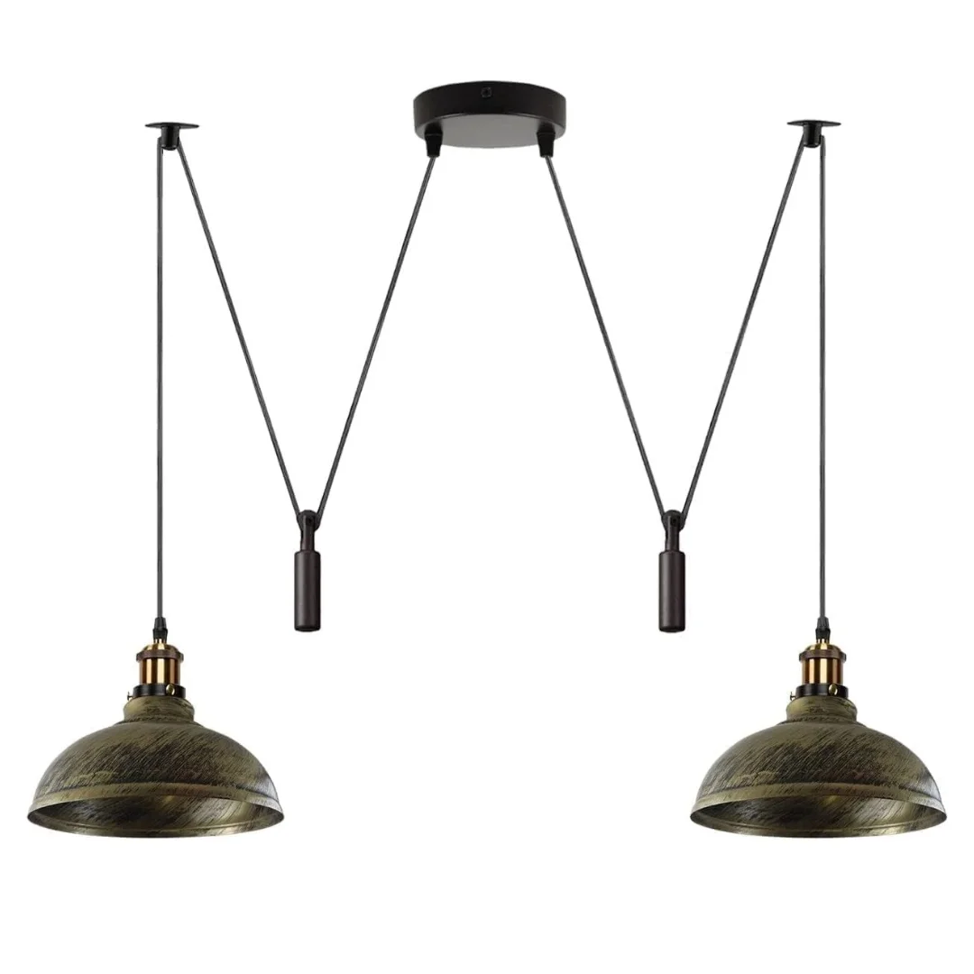 2 head ceiling pendant light with adjustable metal arms and black industrial finish hanging from ceiling