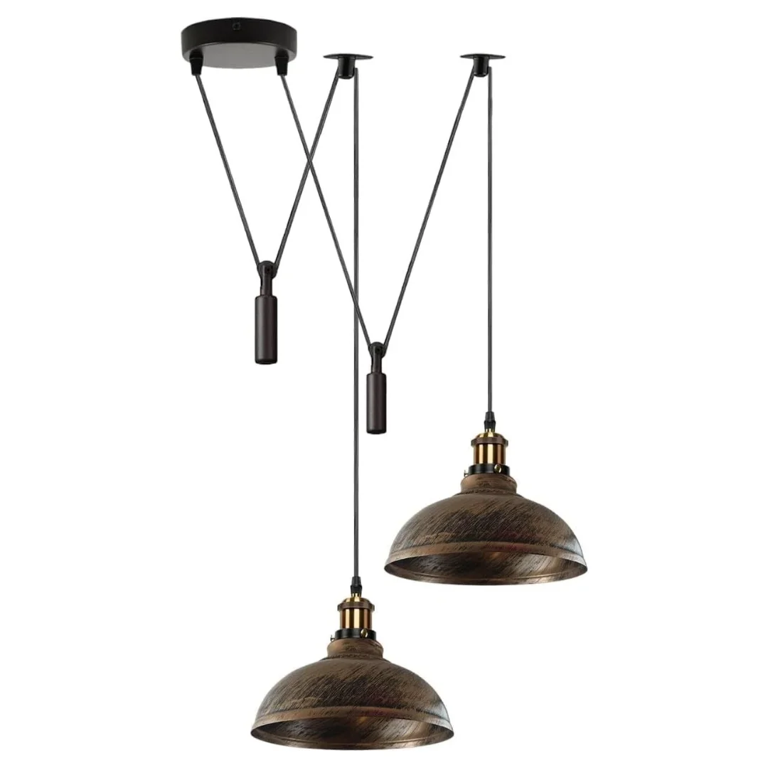 2 head ceiling pendant light with adjustable metal arms and black industrial finish hanging from ceiling