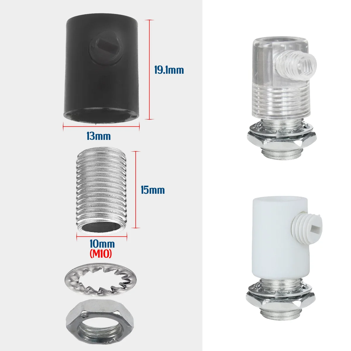 Five black plastic M10 cord grips with threaded bases and side screws for pendant light cable strain relief