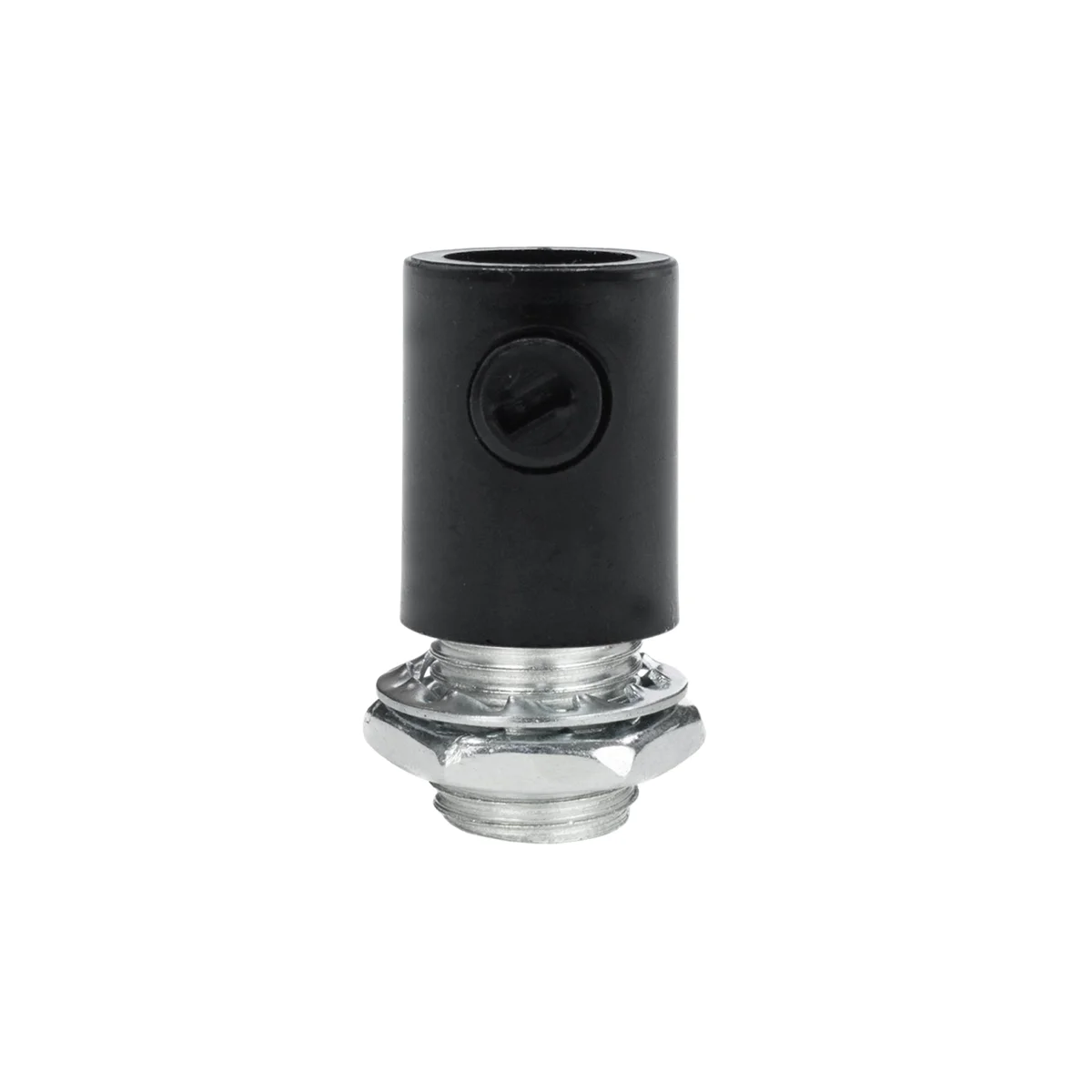 Five black plastic M10 cord grips with side screws arranged on a white background for pendant light installation