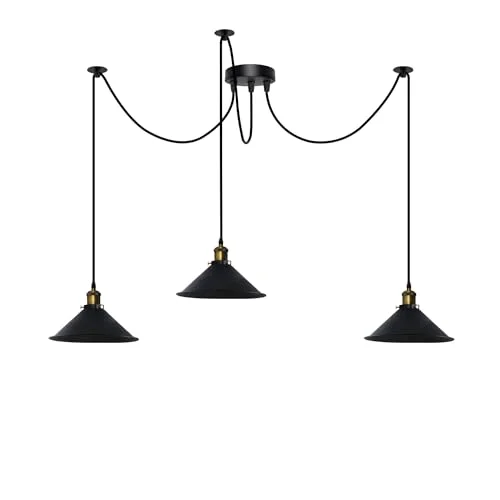 Black metal spider pendant light with six E27 lamp holders and black light shades hanging from ceiling plate
