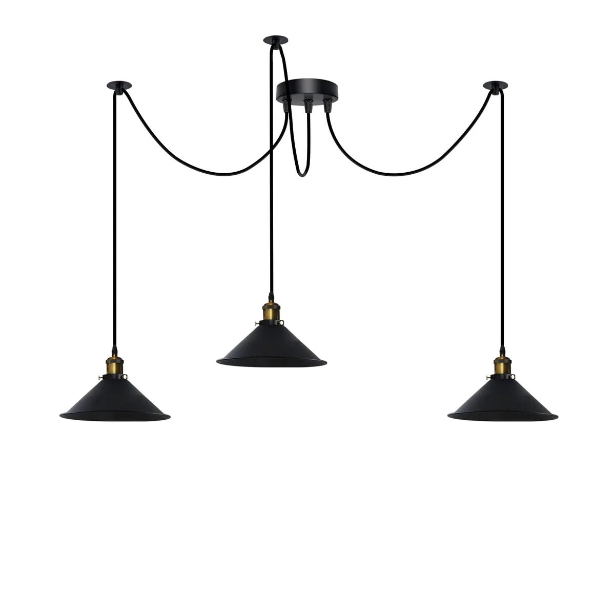 Black metal 3 fluming spider E27 pendant light with six bulbs and 2m cables hanging from ceiling plate