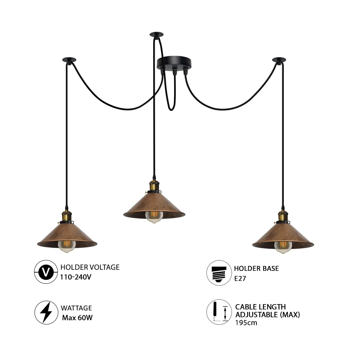 Black metal ceiling light with six E27 bulb holders and black light shades hanging from a 2m cable